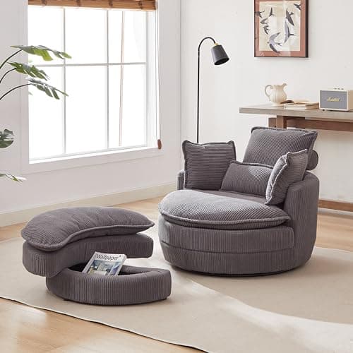 38" Oversized Swivel Chair with Moon Storage Ottoman, Modern Grey Living Room Sofa