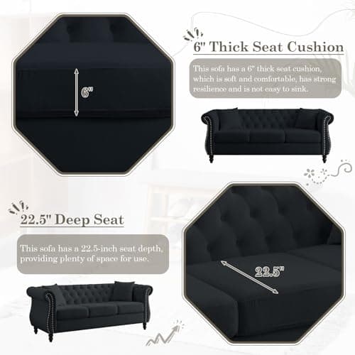 Mid Century Modern Velvet L-Shaped Sofa Couch - Black