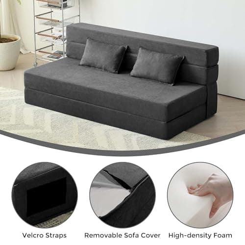 3-in-1 Foldable Sofa Bed, Dark Gray Queen Mattress, Memory Foam Cushion, Living Room Essential