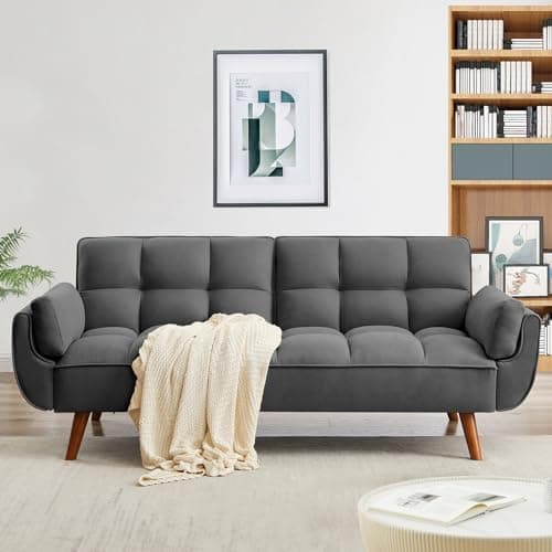 Golden Yellow Convertible Futon Sofa Bed, Linen 75" W 3 Seater with Adjustable Backrests