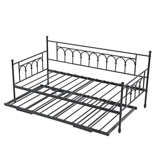 Vintage Twin Day Bed with Pop Up Trundle, Space-Saving Metal Frame for Adults