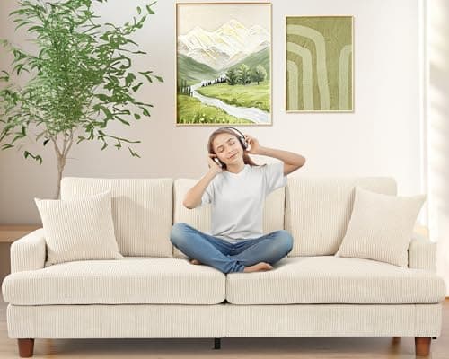 Kidirect Beige White 87in Extra Deep Living Room Sofa, Comfy Corduroy with 2 Pillows