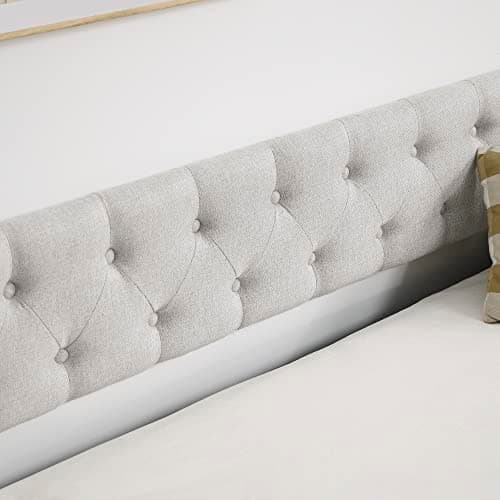 Antetek Beige Full Size Linen Daybed with Trundle, Button-Tufted Sofa Frame