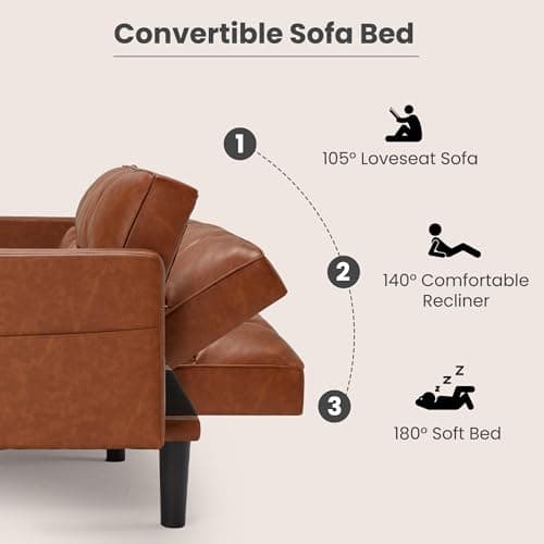ECOTOUGE Convertible Futon Couch, Brown with Adjustable Backrest