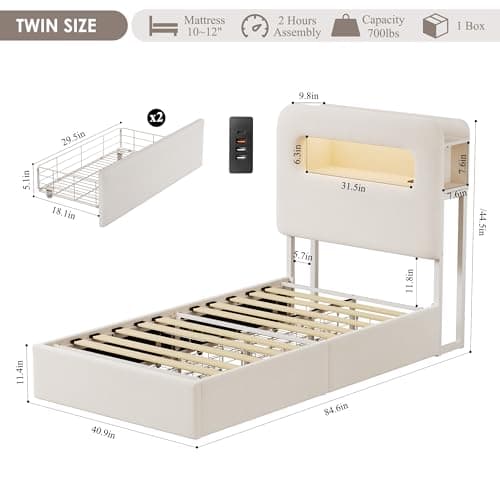HOSTACK Twin Velvet Upholstered Bed Frame with Storage, USB Ports, Bookcase, Cream