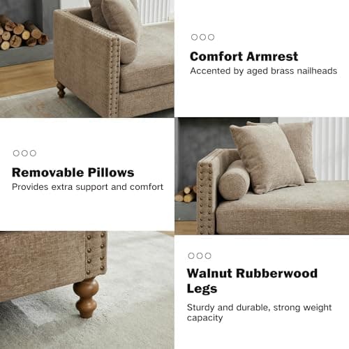 Retro Oversized Chaise Lounge Chair, 75.2" W, Brown with Armrests & 6 Pillows