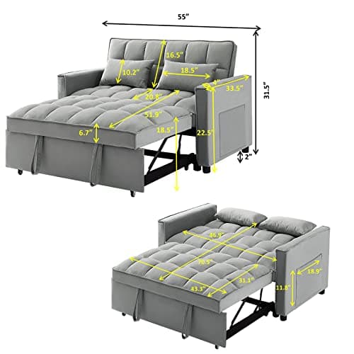 Modern Grey Velvet Sleeper Sofa with Pull Out Bed for Small Spaces