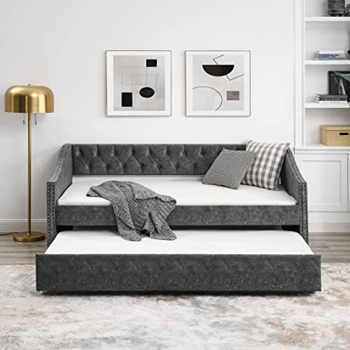 Modern Upholstered Daybed with Trundle for Twin Size - Grey