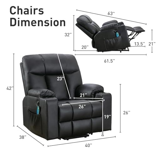 Bonzy Home 26" Extra Wide Power Recliner with Heat & Massage, Faux Leather Cup Holders