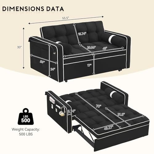 Convertible Sleeper Sofa with Adjustable Backrest, Velvet Tufted Pull Out Couch Bed for Small Spaces (Black)