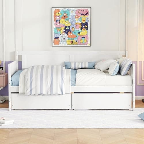 Twin Size Daybed Frame with Storage Drawers, White Wood Bed