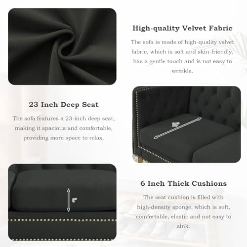 Modern Velvet Chesterfield Sofa with Button Nailhead - Black