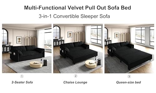 Eafurn Queen Size 3-in-1 Pull Out Sofa Bed with Storage Velvet Couch