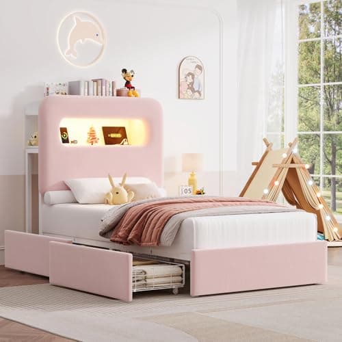 HOSTACK Twin Velvet Upholstered Bed Frame with Storage, USB Ports, Bookcase, Cream