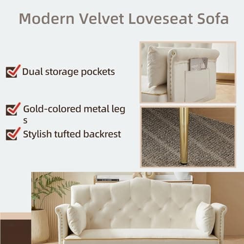 Beige Velvet Loveseat with Gold Legs, 55-inch Tufted Backrest Living Room Couch