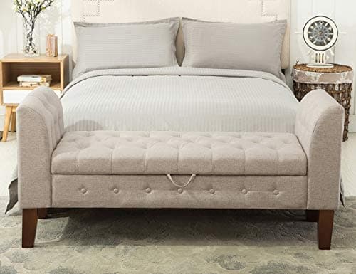 Khaki Upholstered Storage Bench with Arms for Bedroom and Living Room