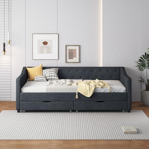 Ergonomic Twin Upholstered Daybed with Drawers & Waved Arms, Dark Grey