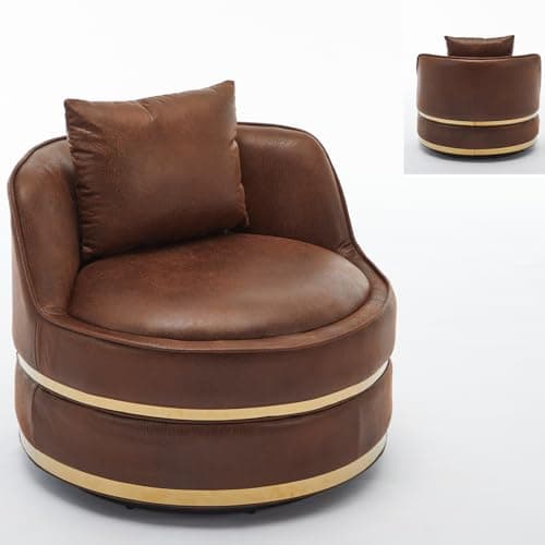 360° Swivel Faux Leather Chair, Plump Pillow Round Reading Lounge for Living Room & Bedroom, Easy Assembly
