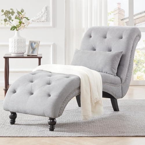 Tufted Beige Linen Rivets Chaise Lounge Chair for Living Room and Bedroom