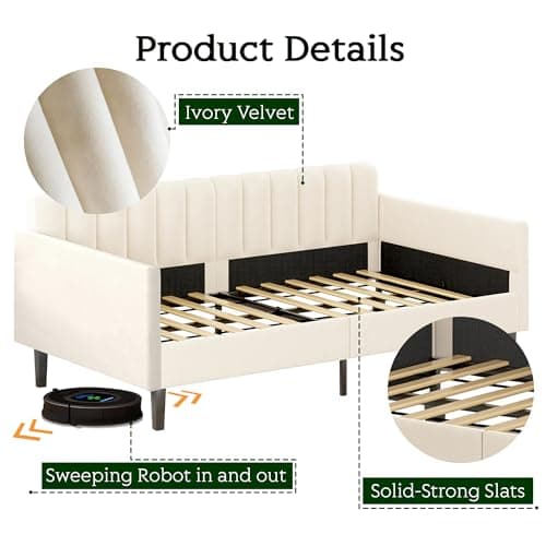 Twin Size Upholstered Daybed with Wood Slat Support in Ivory Velvet
