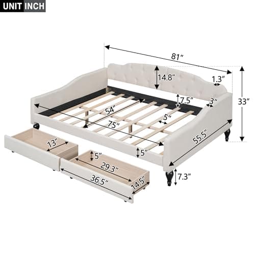 Beige Upholstered Tufted Daybed with Storage, Easy Assembly, No Box Spring Needed