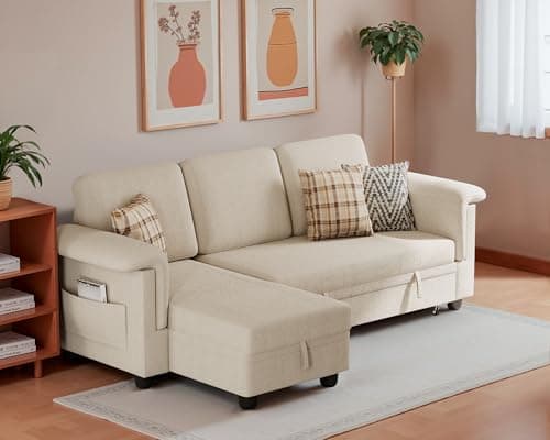 Homall Beige Linen L-Shaped Sleeper Sofa with Storage