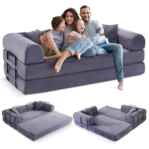 Grey Convertible Sleeper Sofa Bed with Memory FoamMattress&Cylindrical Pillows