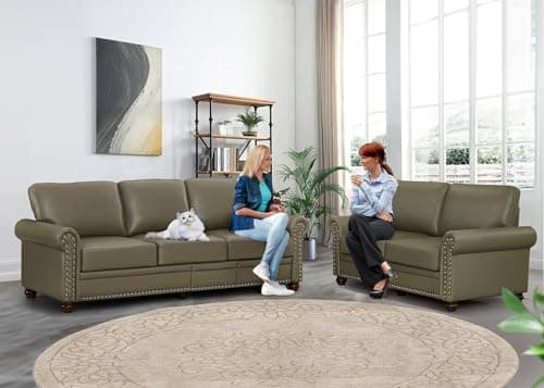 Faux Leather Sofa Set with Storage, Modern Loveseat with Rivet Rolled Arm, Oversize 3 Seater Couch for Living Room Bedroom Office