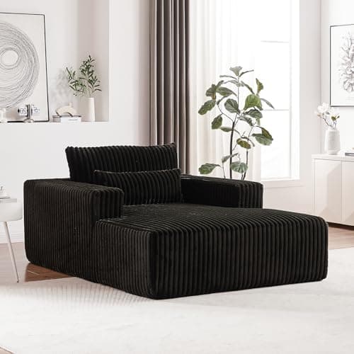 Oversized Black Chaise Lounge Chair - Plush Corduroy Sofa with Wide Armrests & Pillows for Living Room