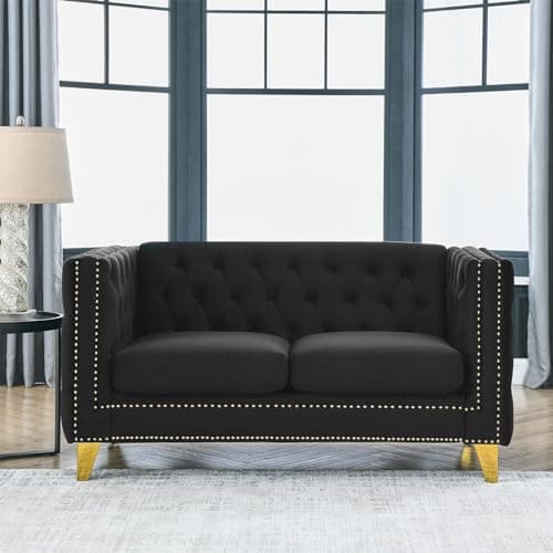 Modern Velvet Chesterfield Sofa with Button Nailhead - Black