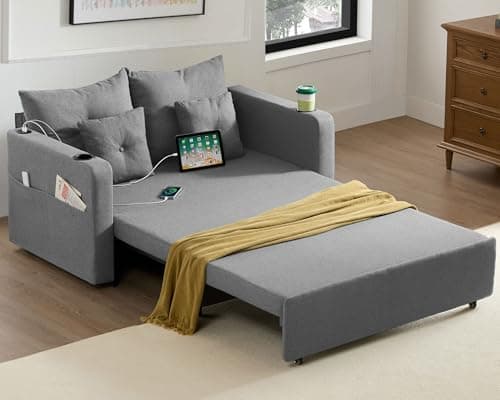 3-in-1 Pull-Out Couch, 56" Convertible Sleeper Sofa, Beige, Living Room/Bedroom Furniture