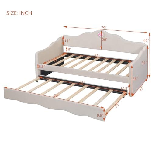 Beige Ball & Cast Upholstered Twin Daybed with Trundle & Wave Back