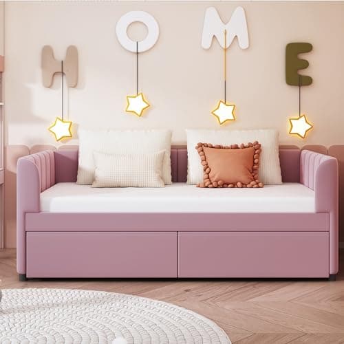 Velvet Daybed with Storage Drawers and Striped Headboard Design, Twin Size, Pink