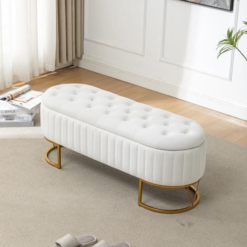 Modern Velvet Upholstered Storage Bench with Golden Metal Legs - Ivory