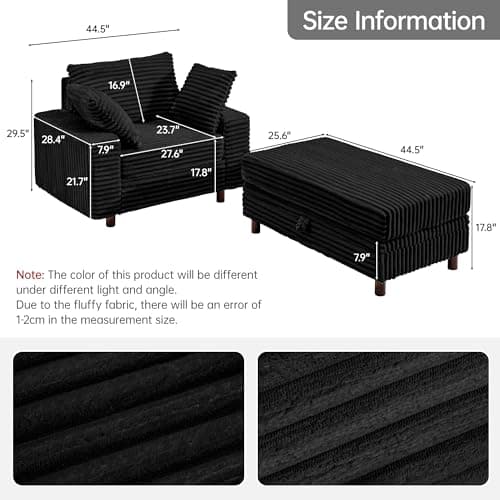 54" Multifunctional Black Upholstered Chaise Lounge with Storage Ottoman and Pillows