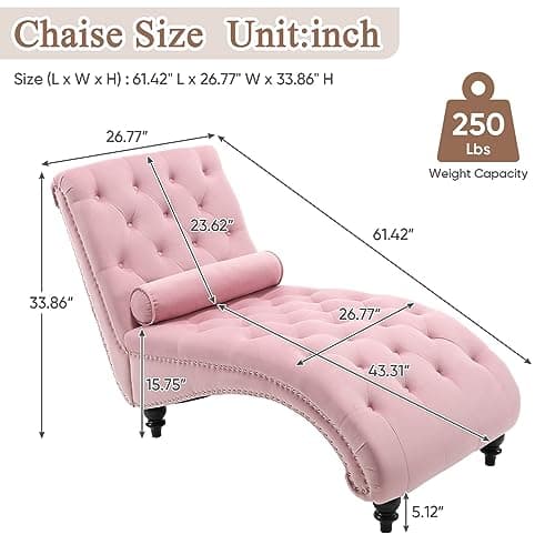 Pink Velvet Chaise Lounge Chair with Lumbar Pillow for Living Room or Bedroom