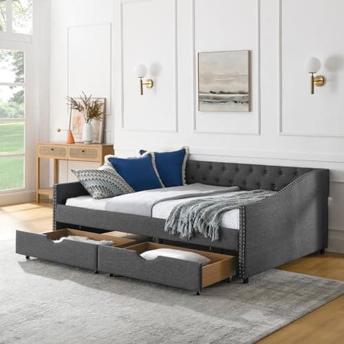 Beige Wood Full Size Daybed with Storage, Upholstered Nailhead Design, No Box Spring Needed