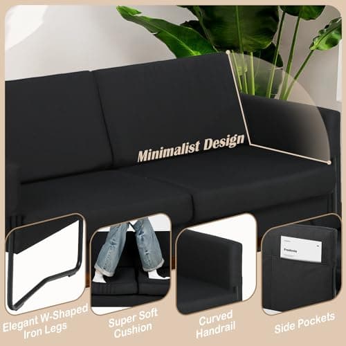 Comfy Black Couch Sofa with 2 USB Ports for Bedroom Teens