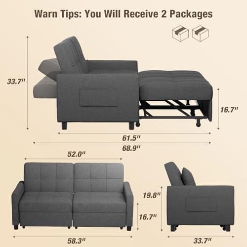 Aiho 58" Loveseat Couch Bed with Separate Ottoman & Adjustable Backrest, Dark Gray