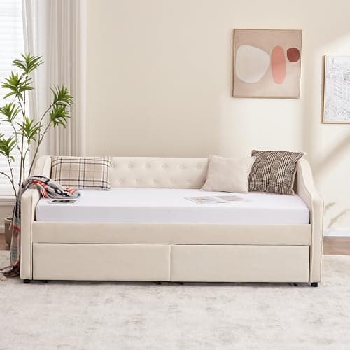 Beige Twin Size Daybed with Storage and USB Port