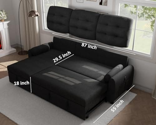 Ucloveria 87" Sleeper Sectional with Reversible Chaise & Storage, Black Linen Couch