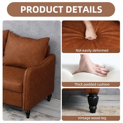Mid Century Modern Brown PU Leather 2 Seat Sofa for Small Spaces