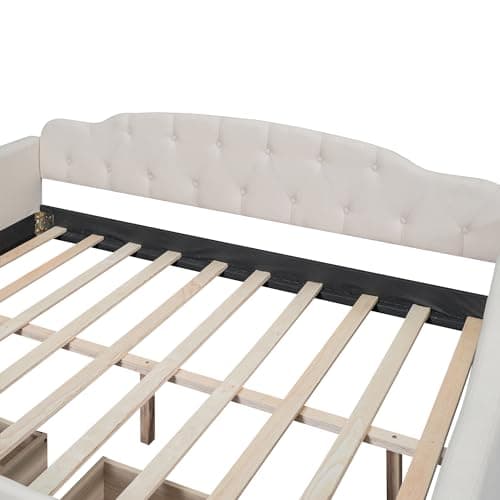 Beige Upholstered Tufted Daybed with Storage, Easy Assembly, No Box Spring Needed