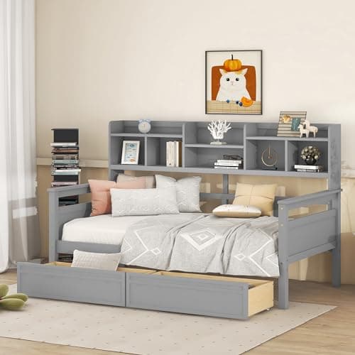 Merax Dark Espresso Twin Daybed with Rails and Wooden Slats