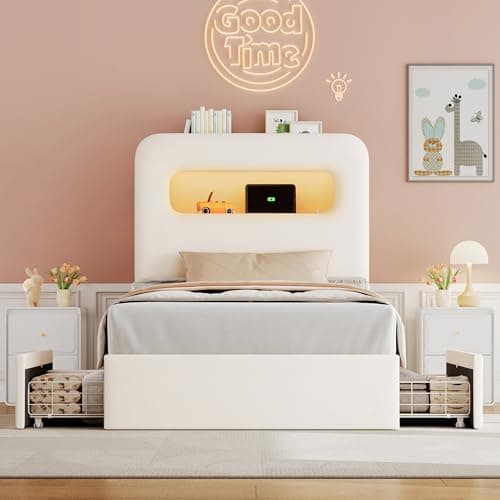 HOSTACK Twin Velvet Upholstered Bed Frame with Storage, USB Ports, Bookcase, Cream
