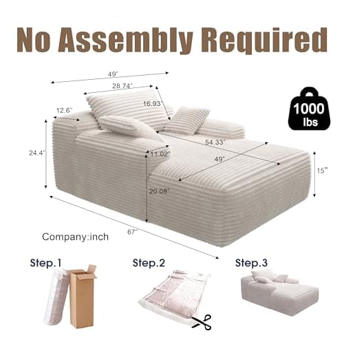 Oversized Boneless Chaise Lounge with 3 Pillows, 67" White Compression Sofa, Cloud Plush Couch