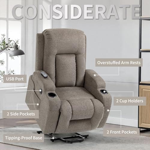 Elderly Electric Recliner with Heat, Massage, Standing Assist, 2 Cup Holders, USB Charge