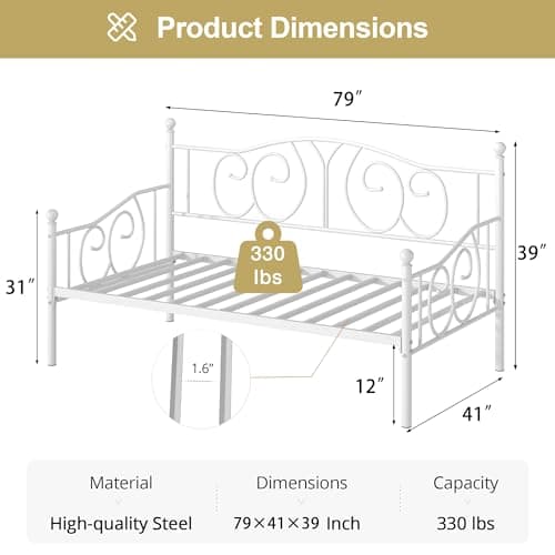 VECELO White Classic Headboard Twin Metal Daybed Frame