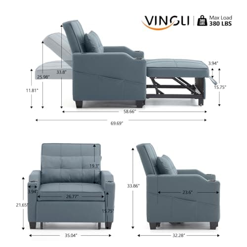 VINGLI 3-in-1 Convertible Sofa Bed Chair, Blue Gray Adjust Backrest USB Cup Holders
