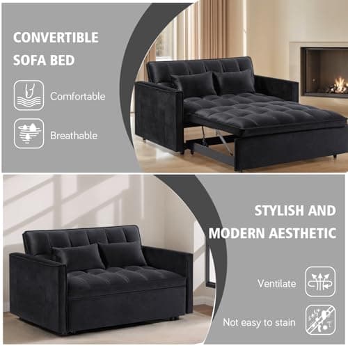 Black 3-in-1 Velvet Couch Bed with Recliner and Pillows, Full Size Sleeper Sofa